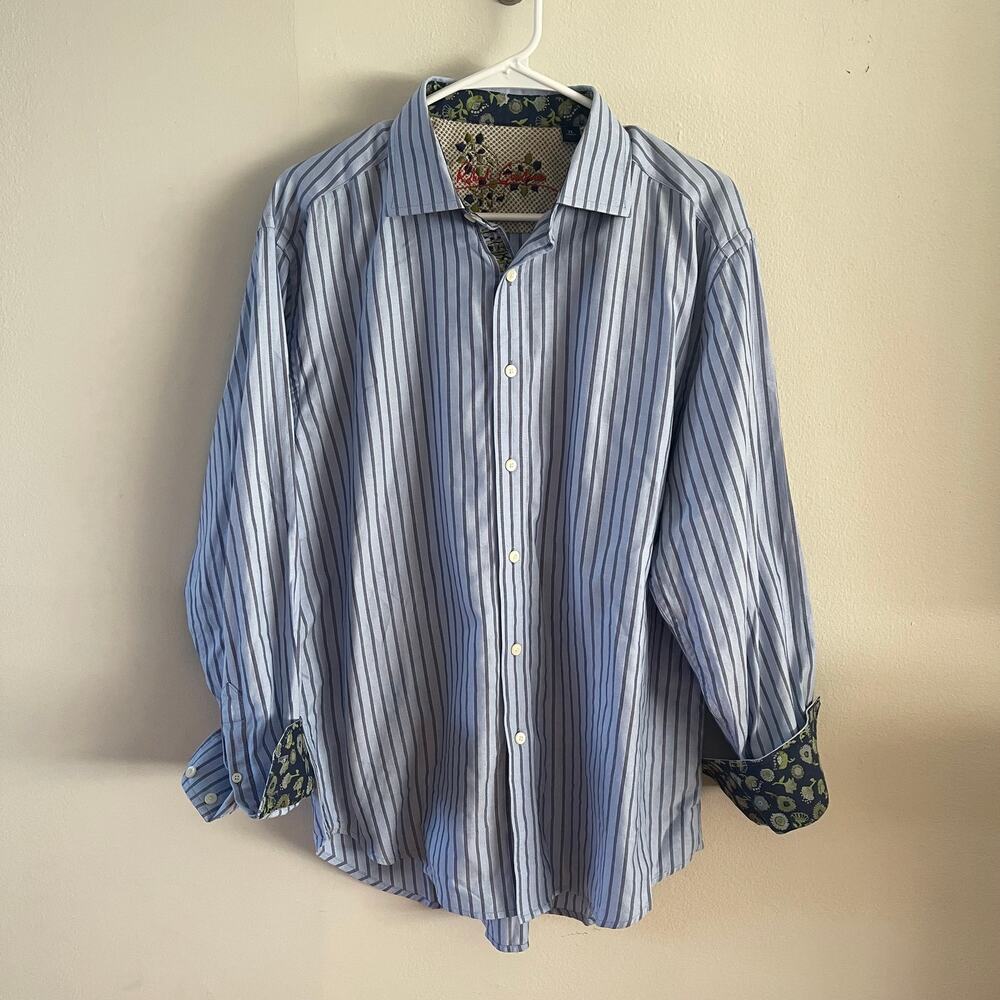 Robert Graham Mens XL Striped Button Up Shirt Floral Contrast Cuffs Casual